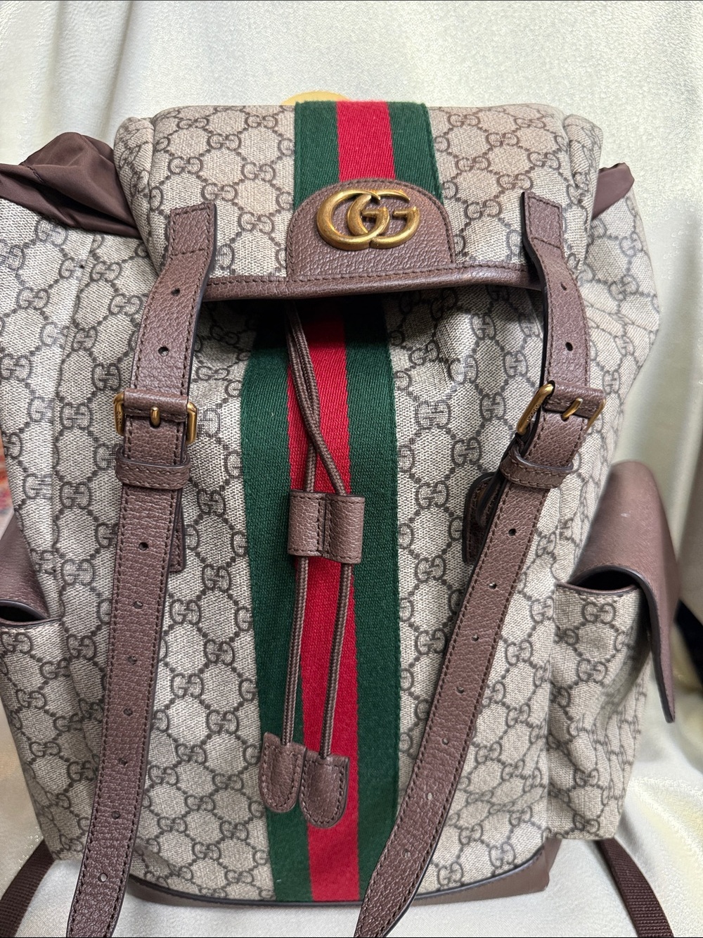 Gucci Brown GG Canvas Backpack with Sherry Line Green and Red